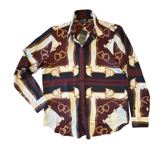 NWT Lauren Ralph Lauren Classic Fit Equestrian-Print Twill Shirt Large Blouse - Picture 4 of 11